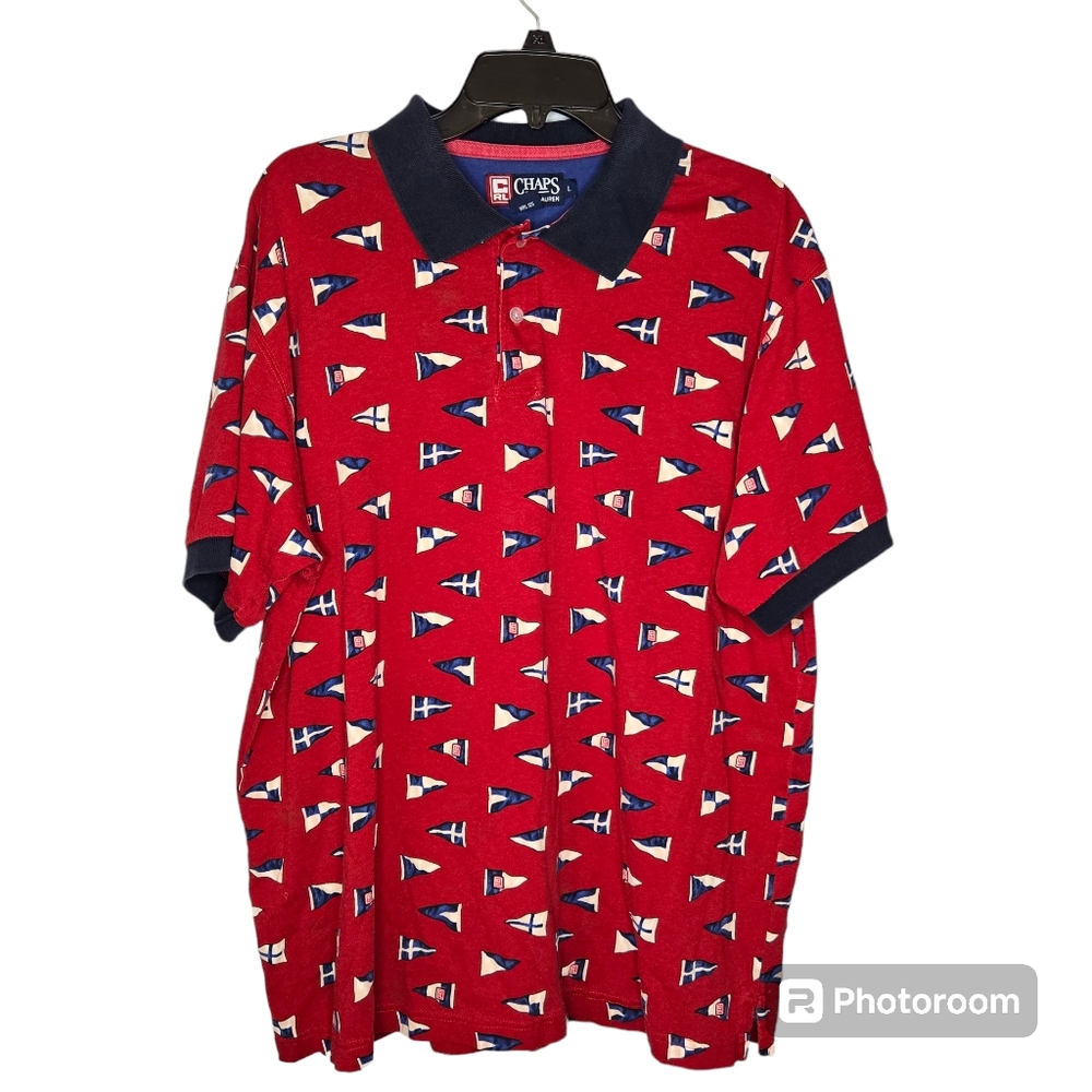 Vintage Ralph‎ Lauren Chaps Polo Red Blue Flag Print Size Large 100% cotton